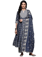 Libas Grey Printed Silk Blend Anarkali Kurta With Palazzos & Dupatta