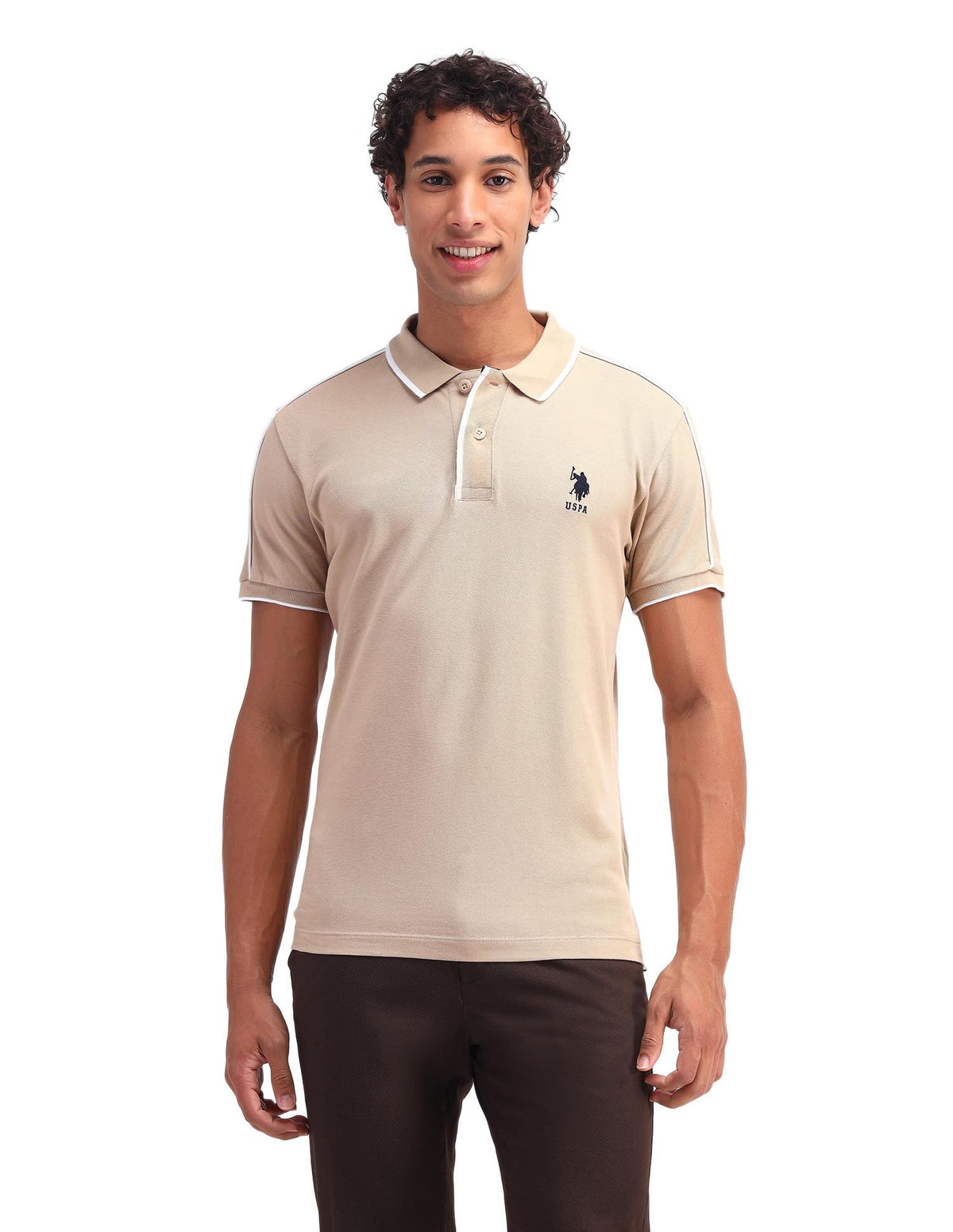 U.S. Polo Assn. Mens Half Sleeve Solid Polo TShirts (Ustshs2282_Beige_L)