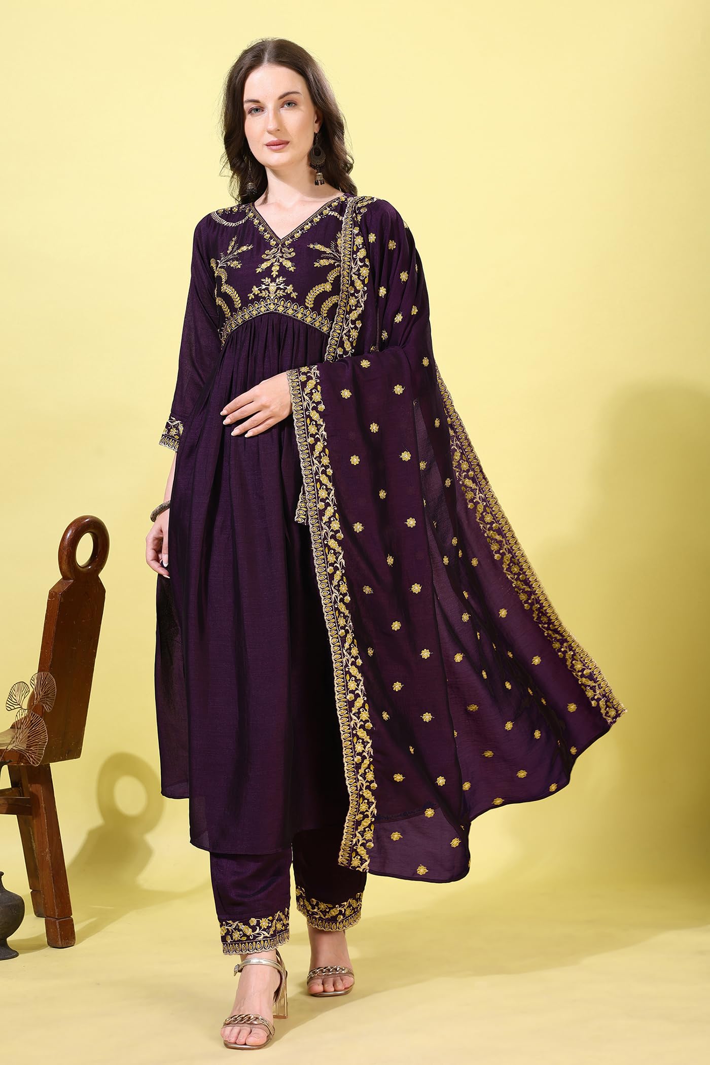 Pratham Blue WomenS Silk Embroidered Anarkali Kurta Palazzos With Dupatta |Kurta Set For Women |Women Kurta |Women Embroidered