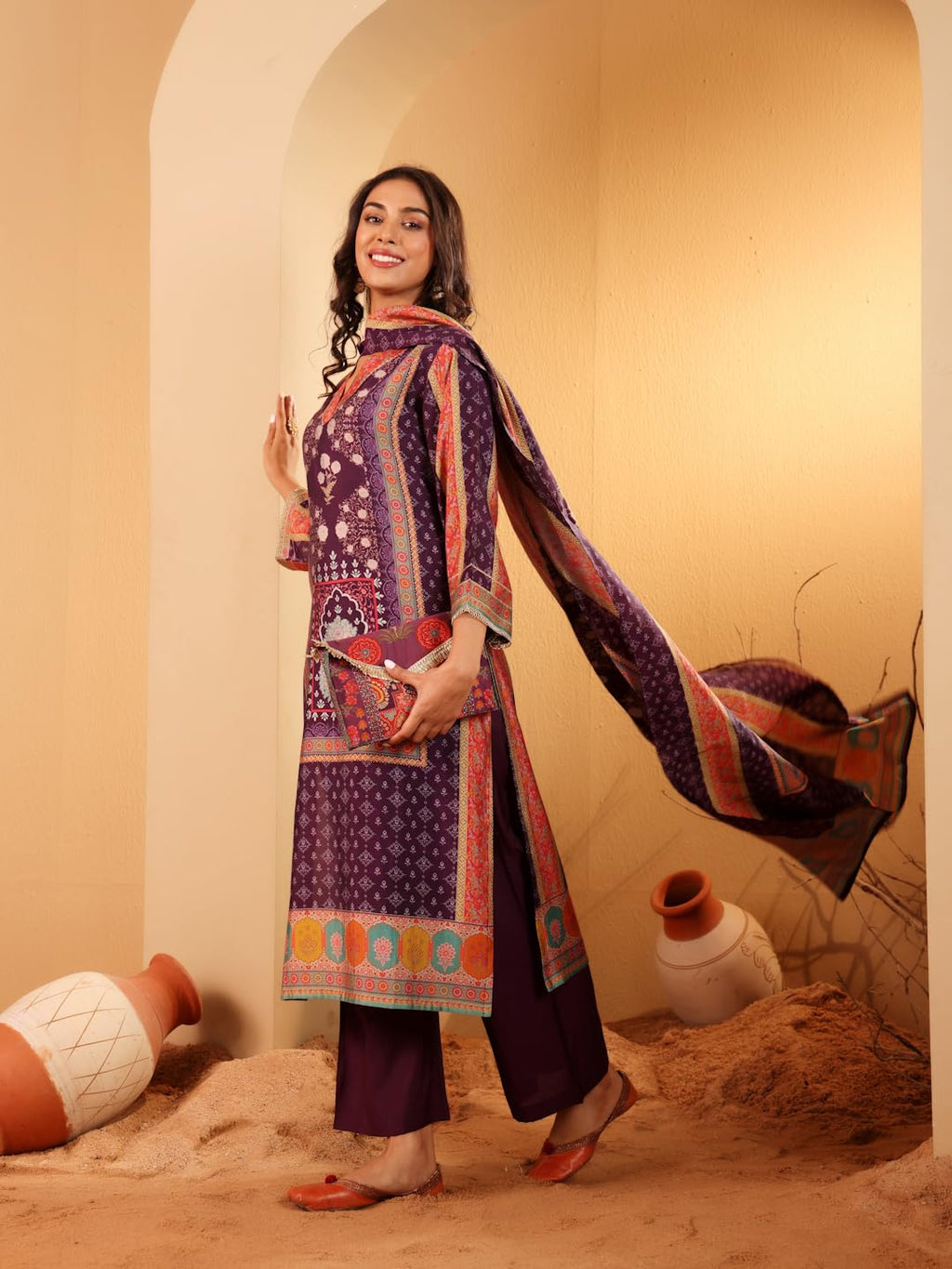Varanga Women Purple Ethnic Printed Gota Lace Detailed Kurta With Solid Trouser & Printed Dupatta  Elegant Ethnic Set