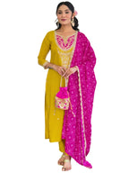 Naixa WomenS Mustard Bsy Viscose Embroidered Straight Kurta With Bsy Viscose Pant And Silk Blend Embroidered Laced Dupatta Sets
