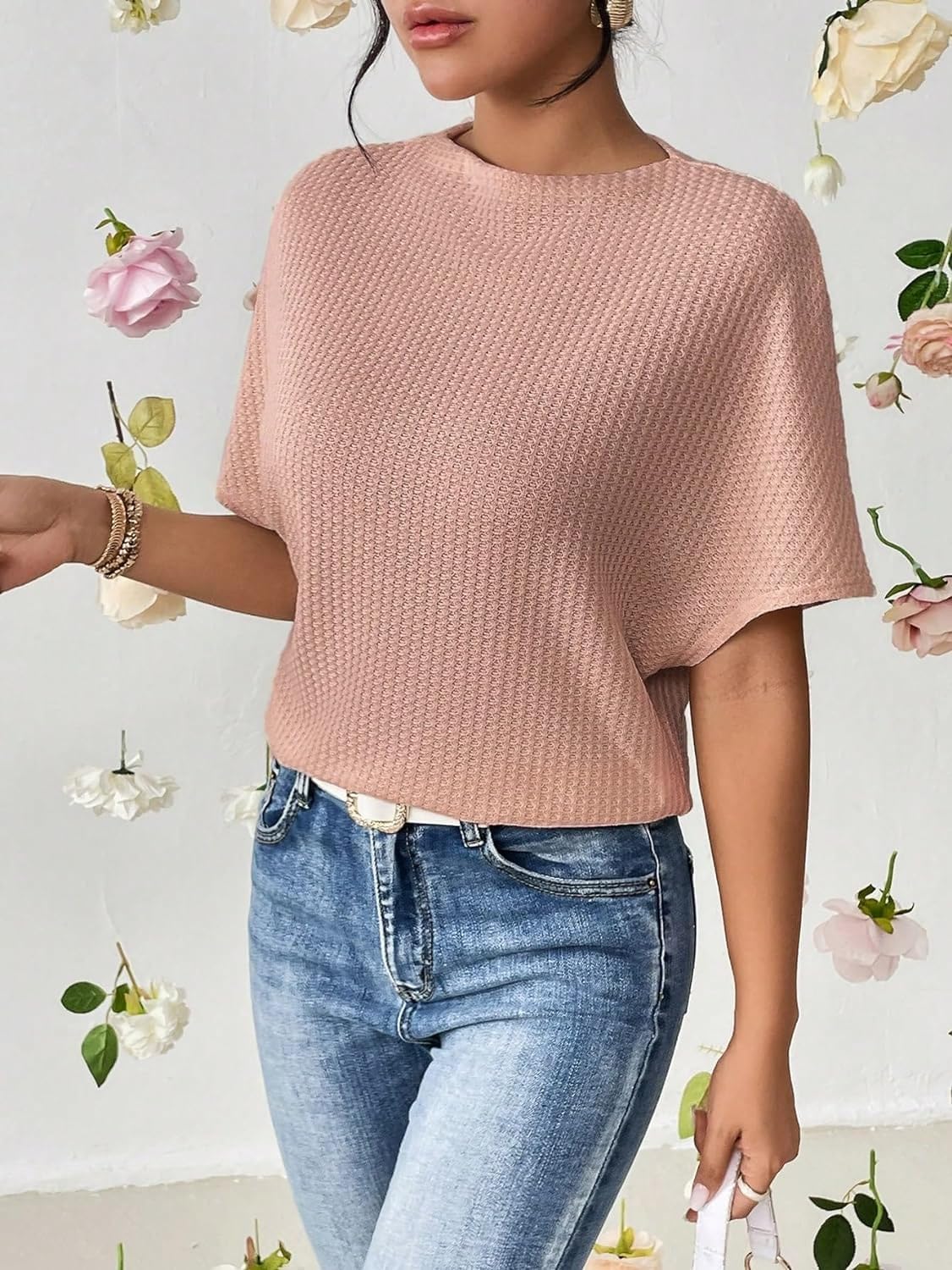 Trillmixa WomenS Reversible Waffle Top | Self Design | Boat Neck | Batwing Sleeves | Super Soft, Stretchable Cotton | Casual, Co