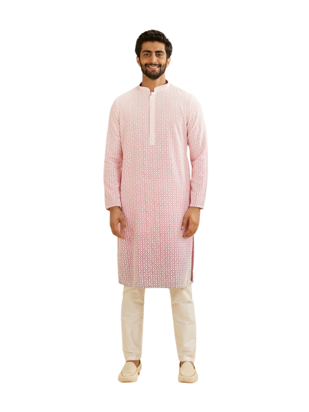 Manyavar Mens Viscose Embroidery|Thread Work Kurta Set (Pink,XL)