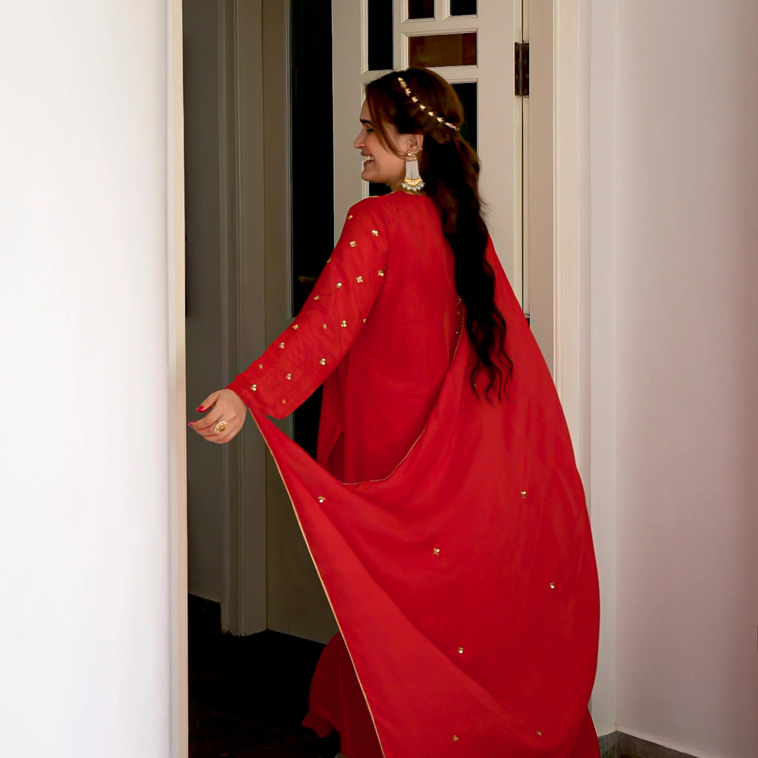 ANNI DESIGNER Womens Rayon Blend Straight Embroidered Kurta with Pant & Dupatta (SIMMU RED_M_Red_Medium)