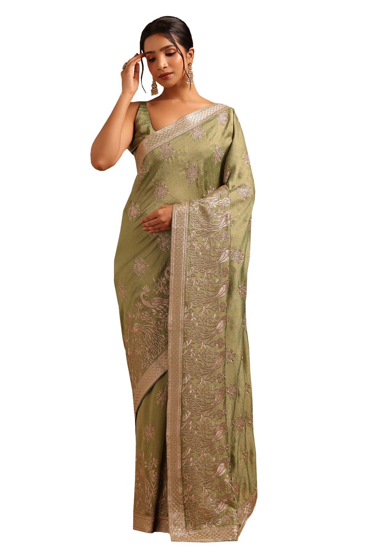 Soch Women Tussar Botanical Saree with Zari Embroidery and Work