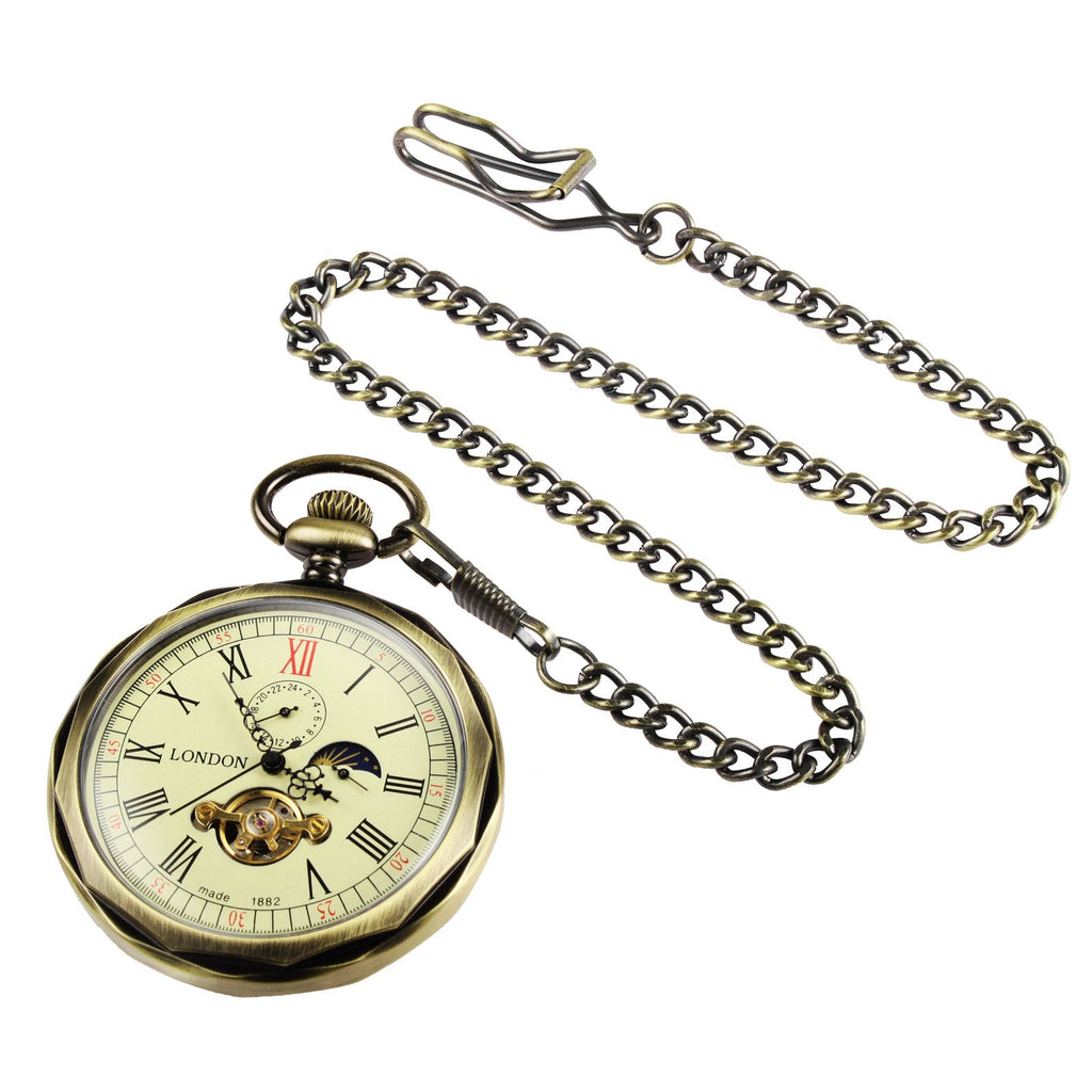 TREEWETO Mechanical Pocket Watches Bronze Roman Numerals Open Face with Chain Men 24-Hour Moon Sun + Box