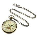 TREEWETO Mechanical Pocket Watches Bronze Roman Numerals Open Face with Chain Men 24-Hour Moon Sun + Box