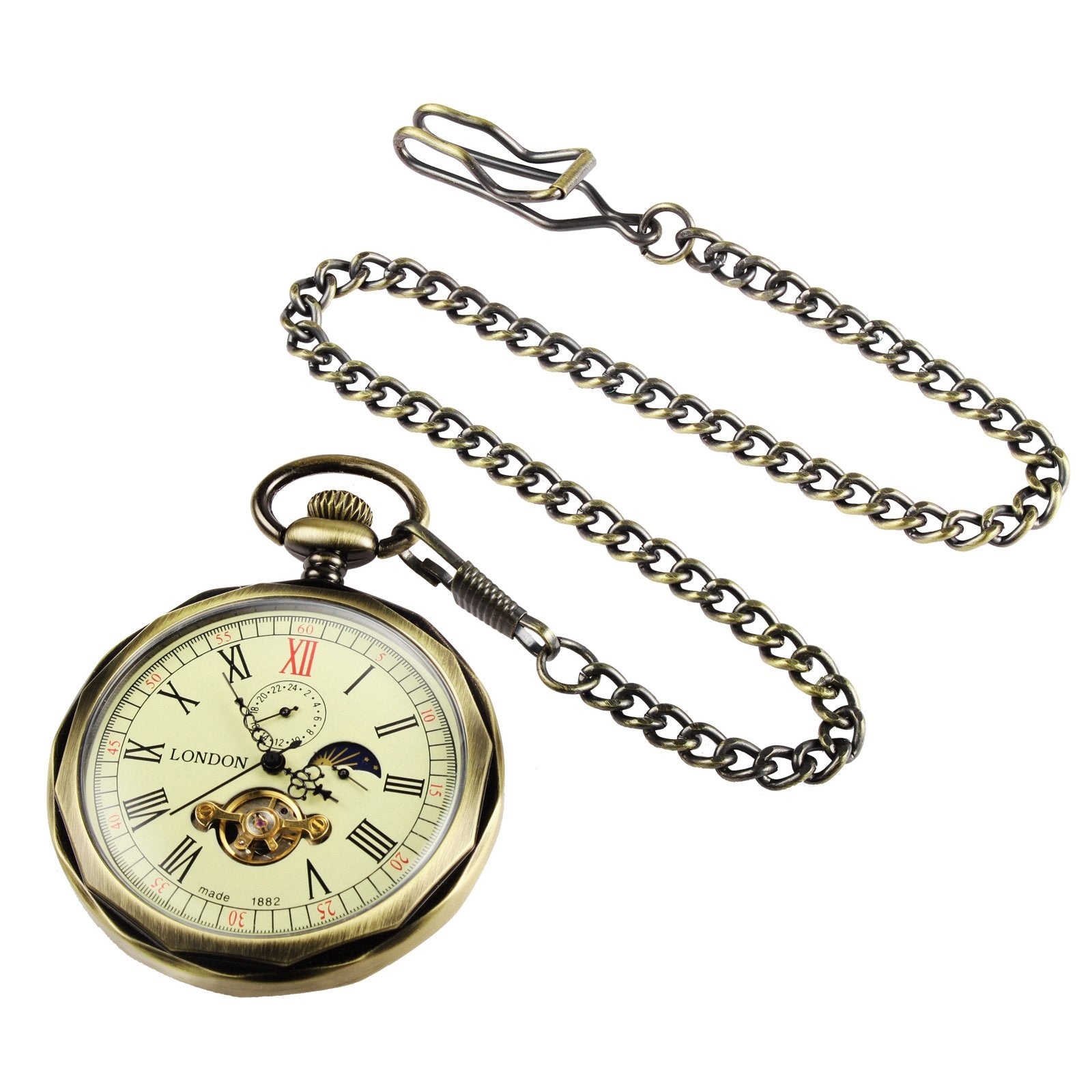TREEWETO Mechanical Pocket Watches Bronze Roman Numerals Open Face with Chain Men 24-Hour Moon Sun + Box