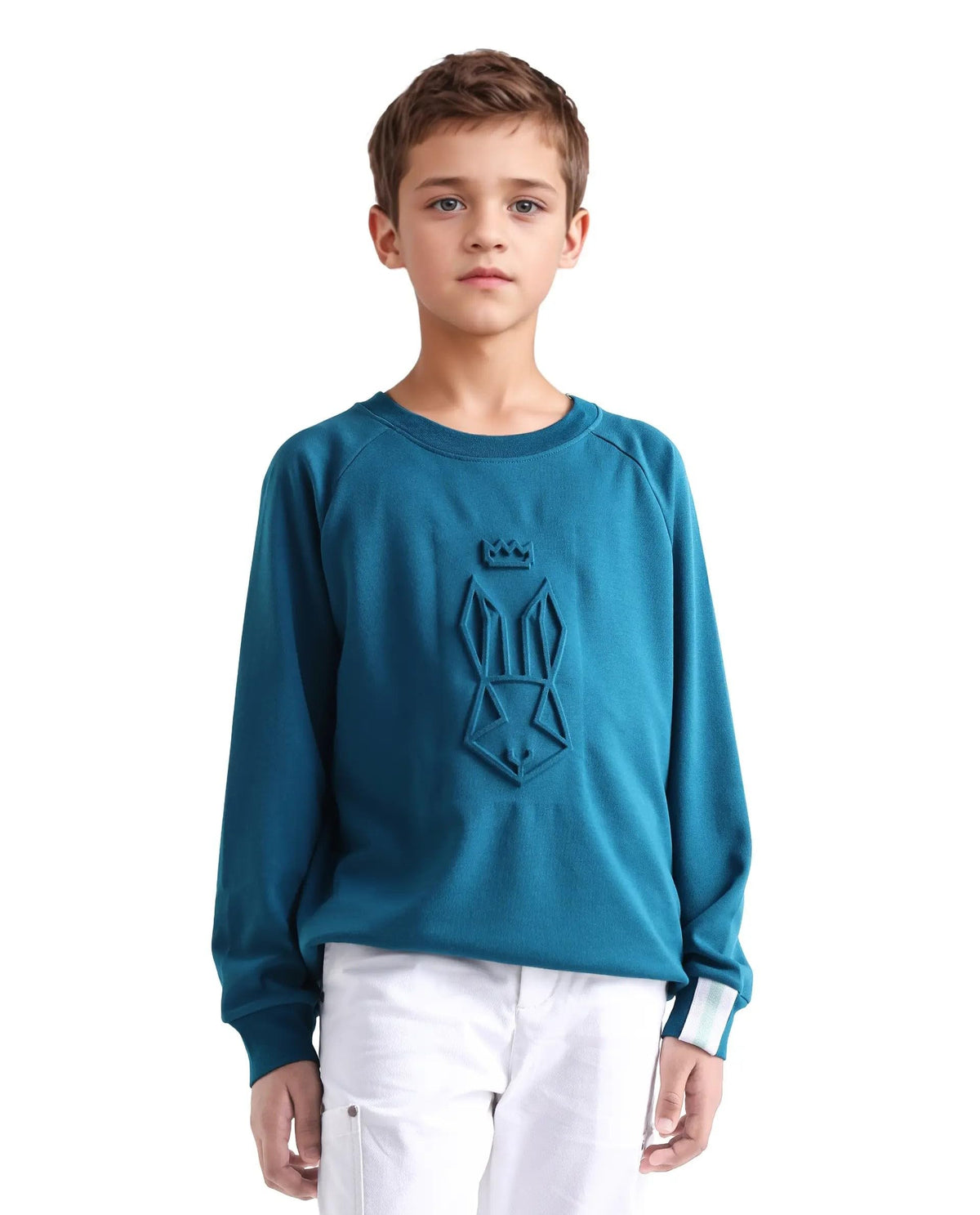 Rare Ones Kids Cadi Teal Cotton Blend Full Sleeves Embossed Oversized Sweatshirt, Teal, 1314Y 13-14