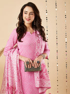 ANNI DESIGNER Ladies Cotton Blend Dupatta Kurta Trousers, magenta, M