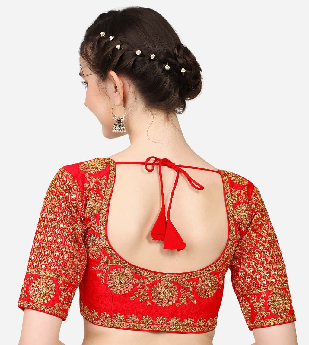 Vihu Fashion Womens Multicolor Heavy Hand Morpankh Sleeves Embroidery Thread Stone Work Phantom Silk Readymade Blouse for Saree