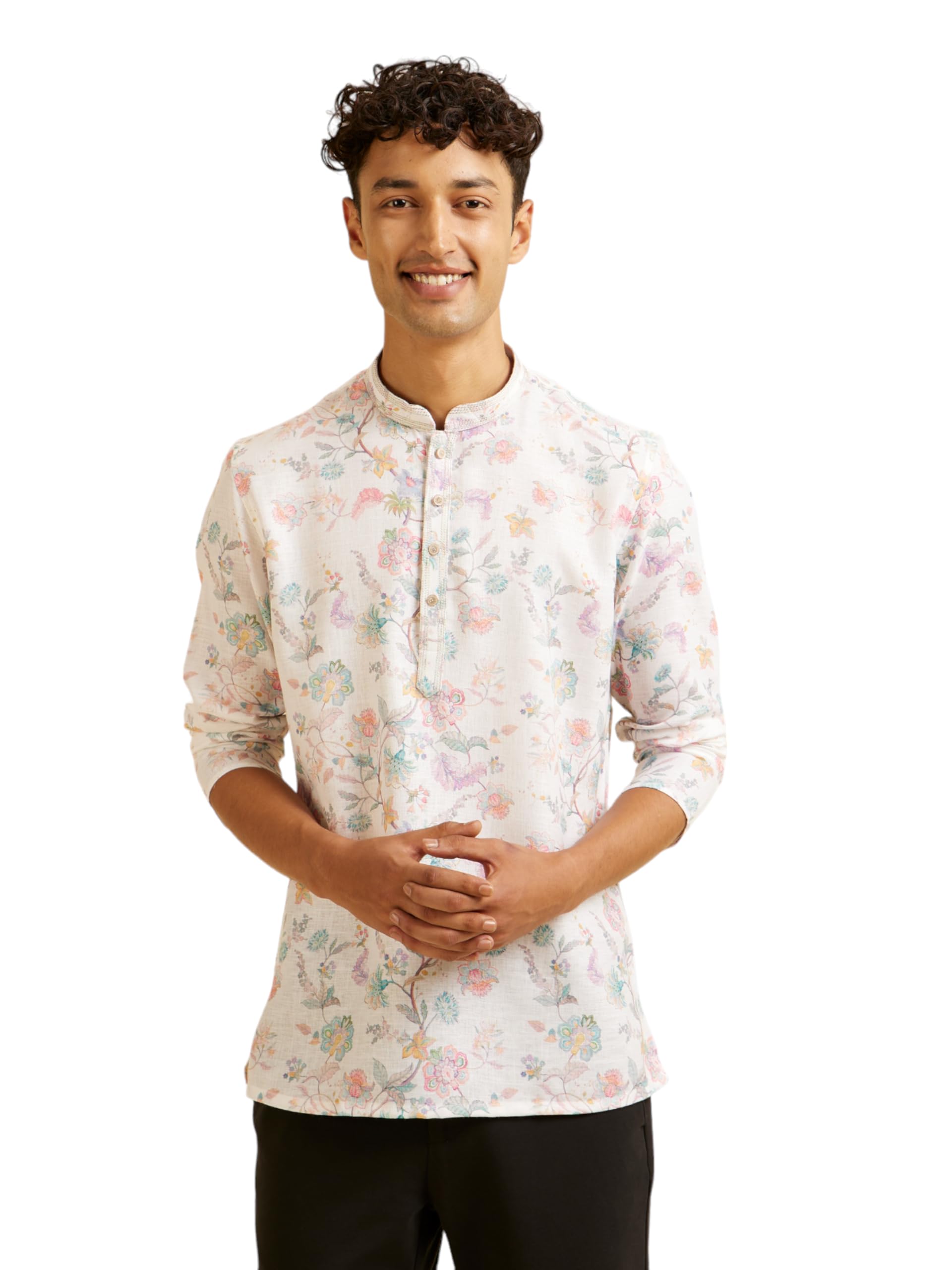 Manyavar MenS Cotton Blend Printed Short Kurta (Warm White,Xxl)