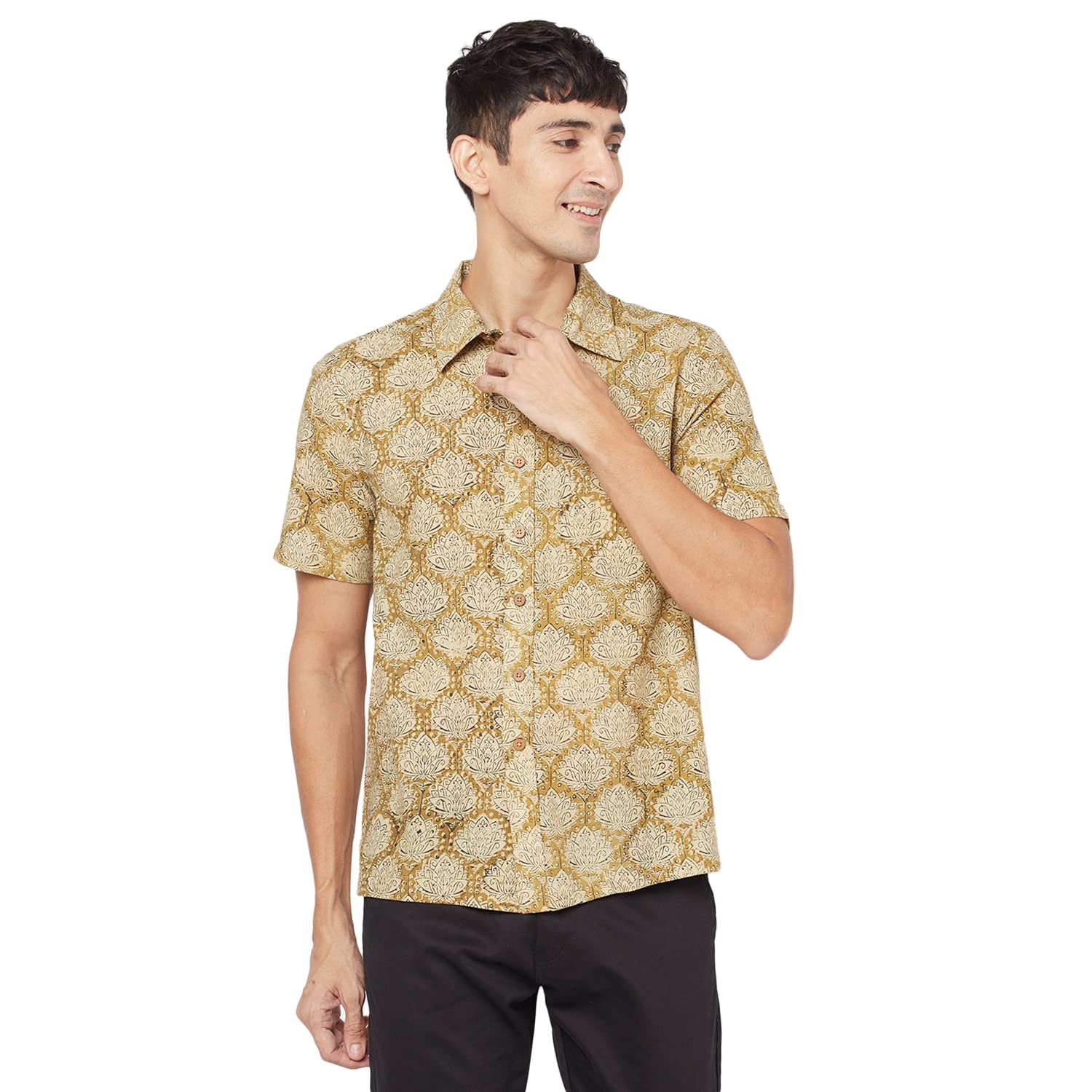 Fabindia MenS Printed Comfort Shirt_Yellow Xs