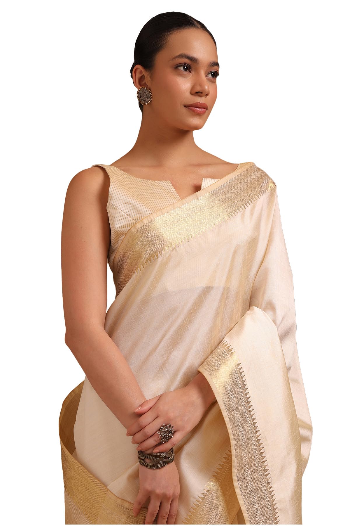Soch Women Tussar Solid Kasavu Saree with Zari Woven