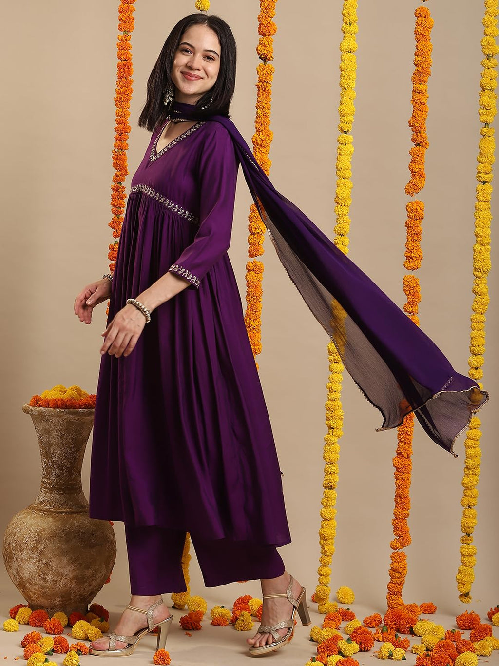 ANNI DESIGNER Women s Rayon Blend Kurta with Pants and Dupatta, Begani, 2XL