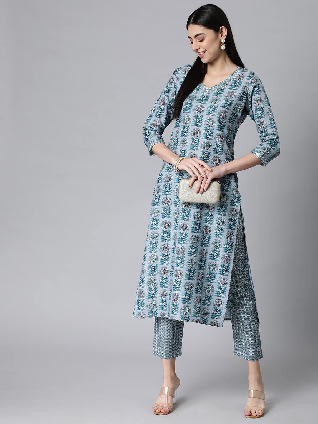 ANNI DESIGNER Womens Cotton Blend Printed Straight Kurta with Pant (Jinki-Grey_XXL_Dark Blue_XX-Large)