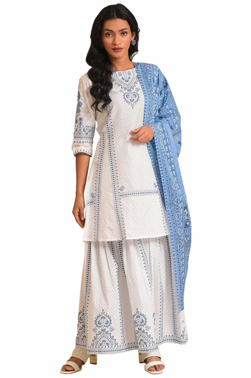 W For Woman Women'S Cotton Kurta, Sharara & Dupatta (23Fews19276-120843_Broken White
