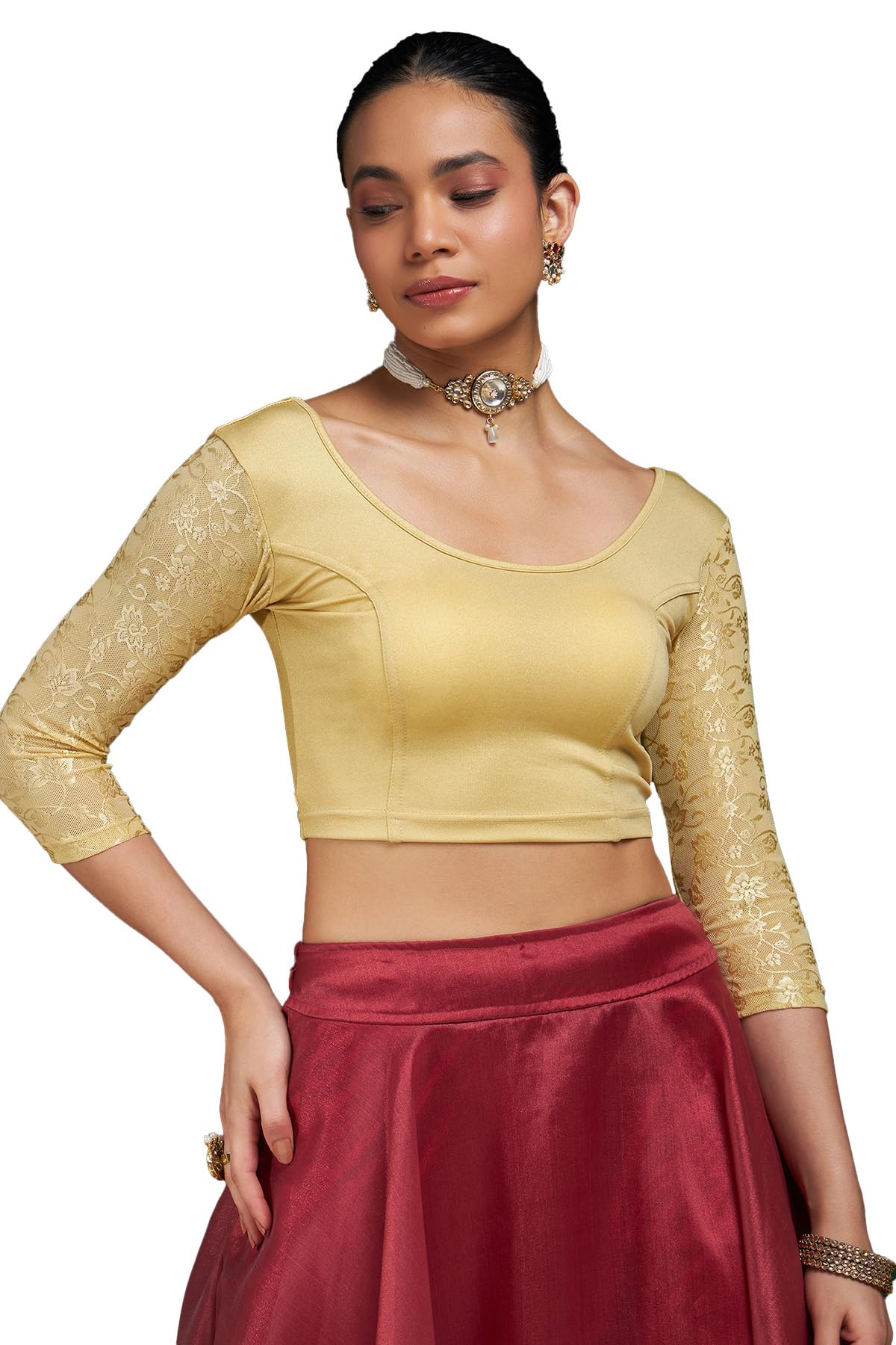 Soch Women Spandex Prince Cut Blouse with Floral Sleeves