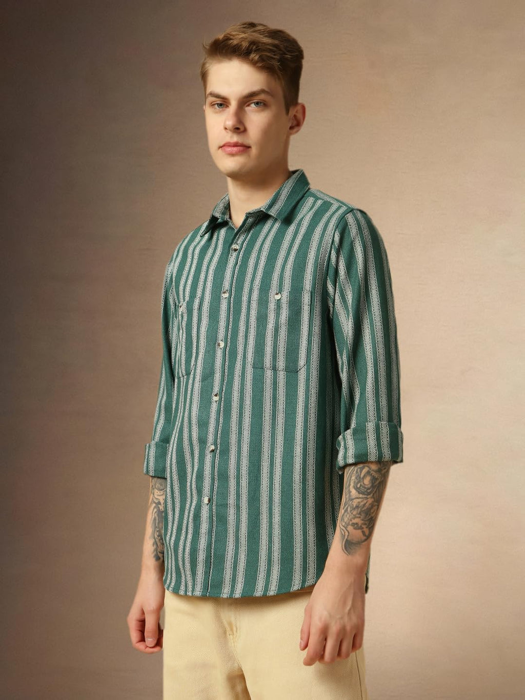 Dennis Lingo Men Olive Stripes Relaxed Fit Full Sleeves Spread Collar Shirt