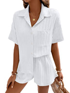 Shasmi Women & Girls White Solid Color Button Front Vacation Solid Texture Short Sleeve Loose Fit Drop Shoulder Pocket Shirt and