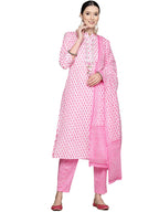 Ishin Women'S Pure Cotton A-Line Yoke Design Mirror Work Floral Print Pink Kurta Suit Set With Trouser Inwsd0193_Pn_L_Pink