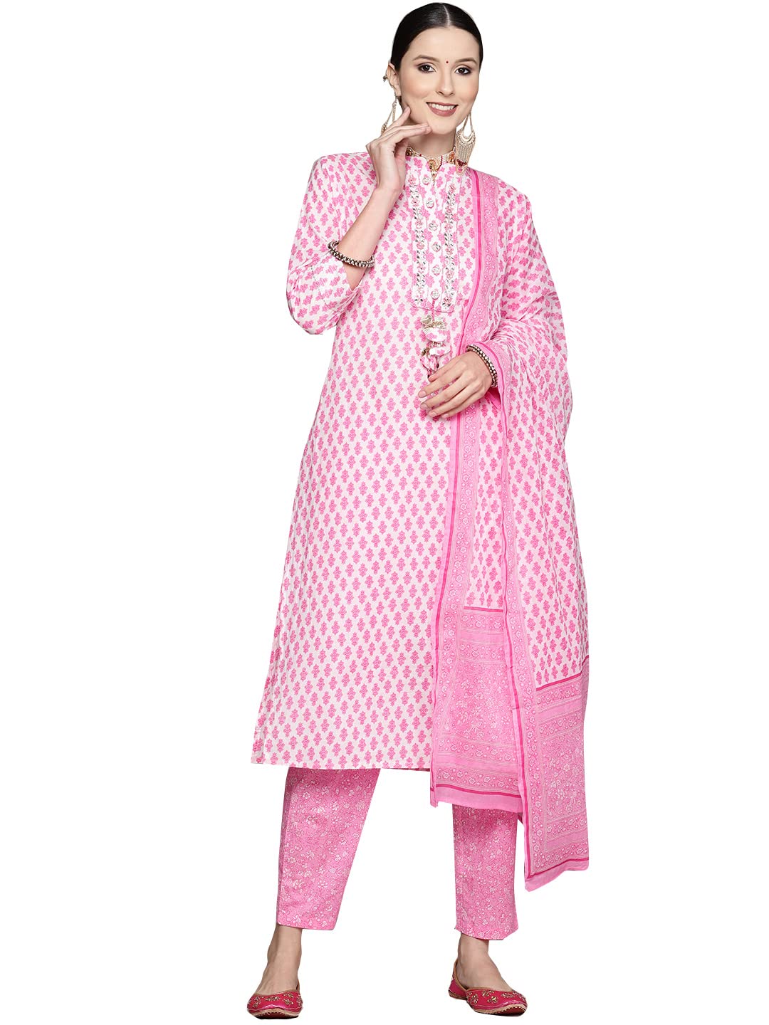 Ishin Women'S Pure Cotton A-Line Yoke Design Mirror Work Floral Print Pink Kurta Suit Set With Trouser Inwsd0193_Pn_L_Pink