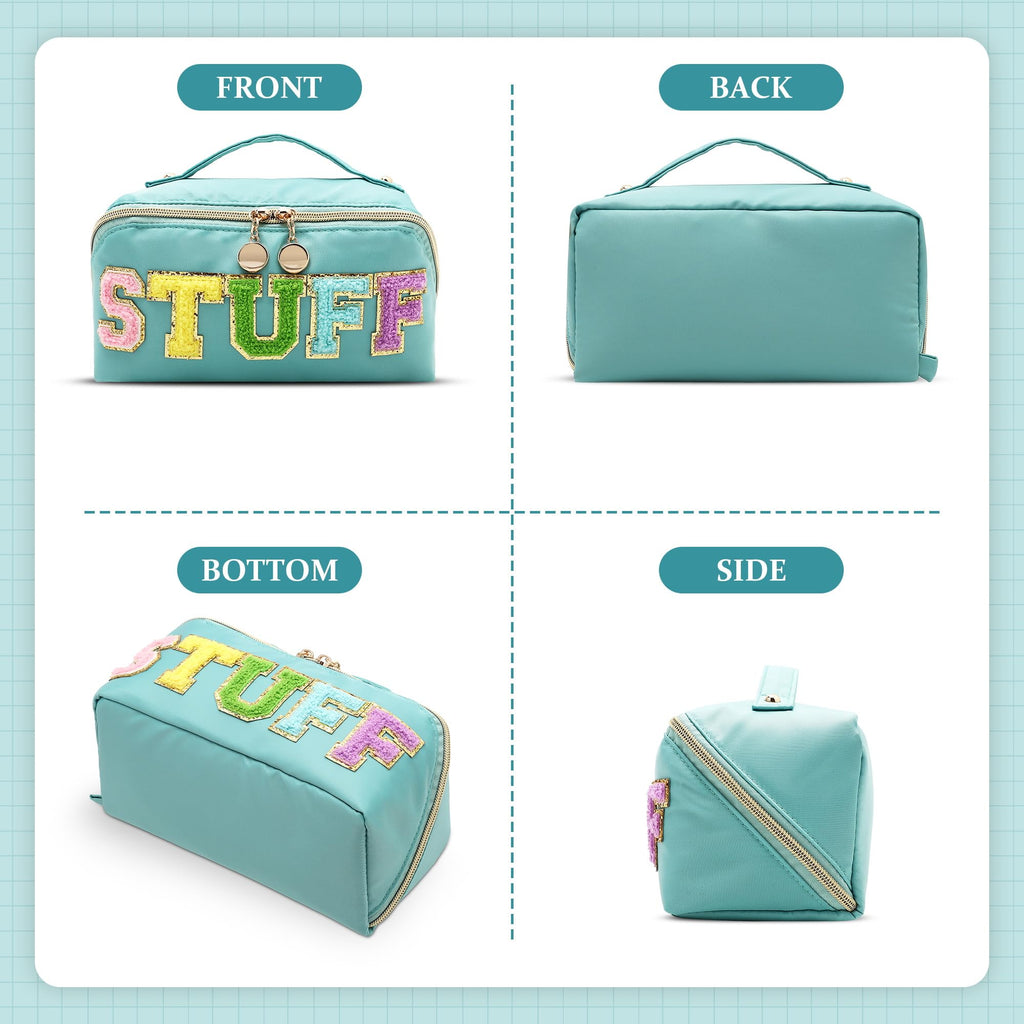 LONEDREAM Stoney Clover Preppy Makeup Bag, Large Capacity Travel Cosmetic Bag, Chenille Letter Open Flat Nylon Bag, Mint