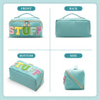 LONEDREAM Stoney Clover Preppy Makeup Bag, Large Capacity Travel Cosmetic Bag, Chenille Letter Open Flat Nylon Bag, Mint