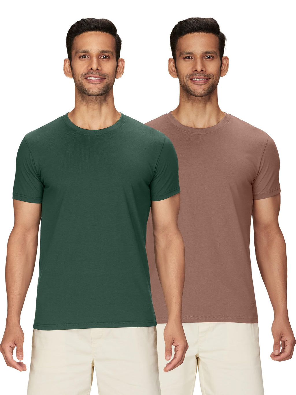 XYXX Mens Solid Regular Fit T-Shirt (XY_CR15_Tshirt_2_Pine Green+Brown Latte