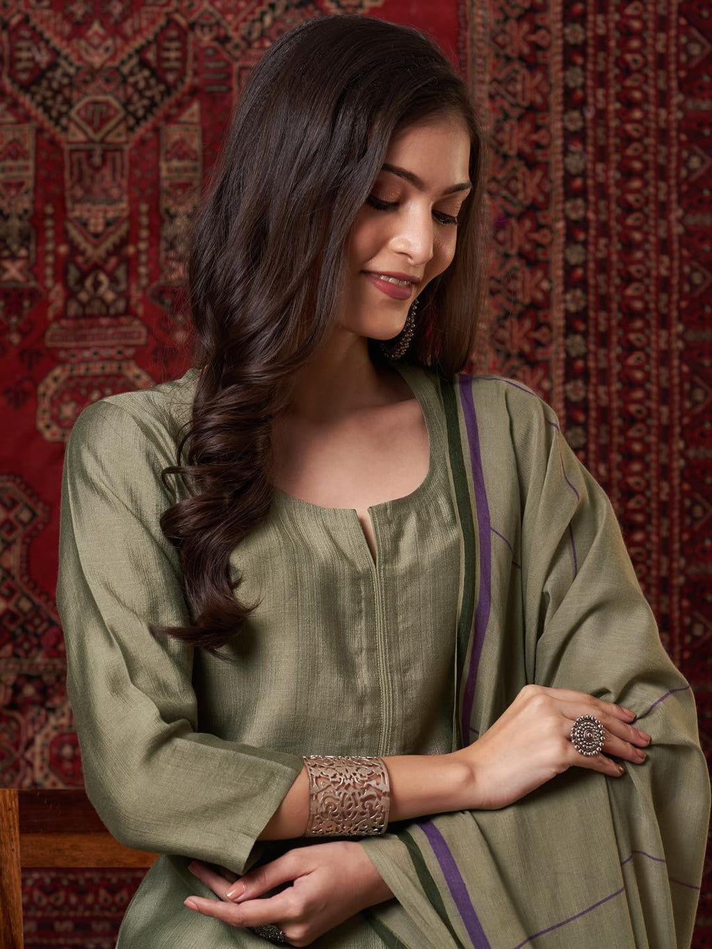 ANNI DESIGNER Women s Plain Viscose Straight Kurta with Trousers and Dupatta, Green, Medium