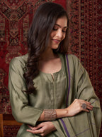 ANNI DESIGNER Women s Plain Viscose Straight Kurta with Trousers and Dupatta, Green, Medium