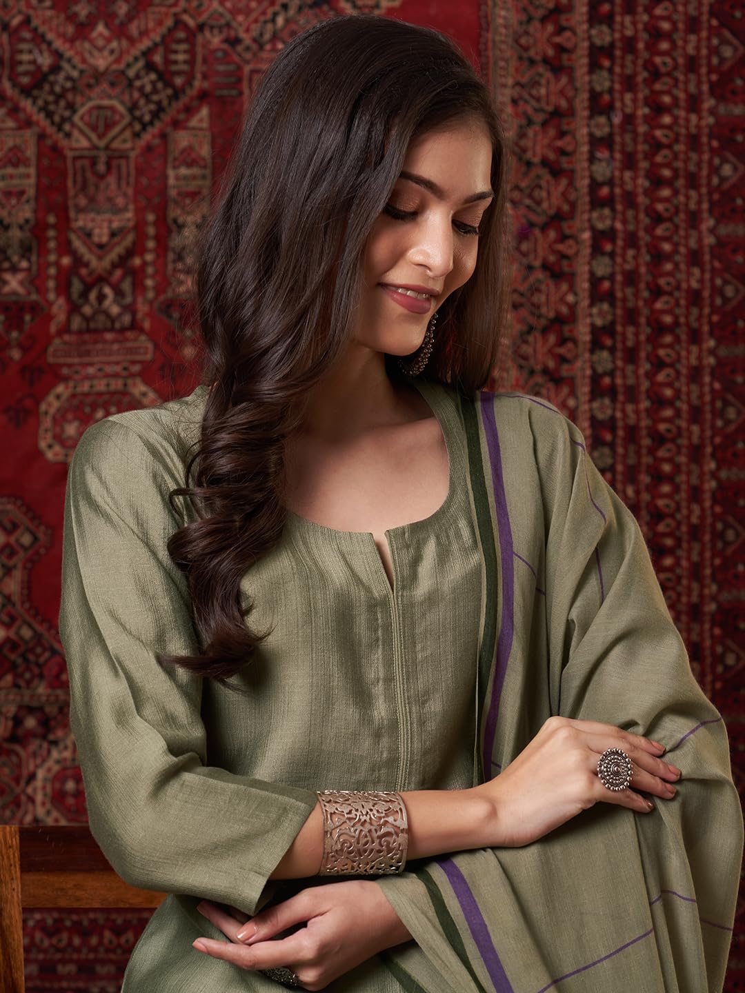 ANNI DESIGNER Women s Plain Viscose Straight Kurta with Trousers and Dupatta, Green, Medium