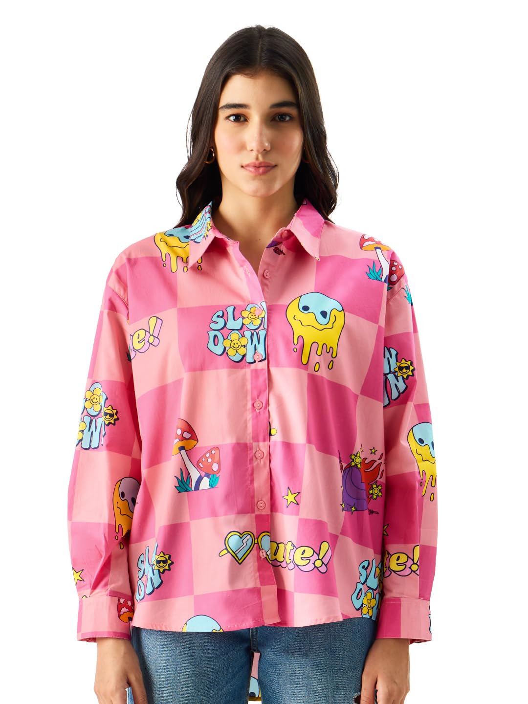 The Souled Store Slow Down Long Sleeve Collared Button Down All Over Print Oversized Fit Cotton Boyfriend Shirt for Women & Girl