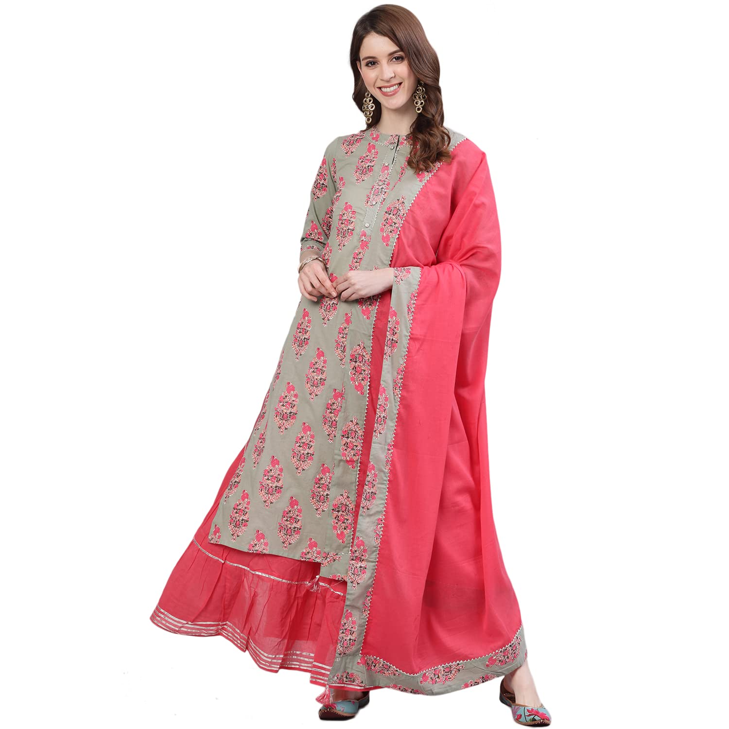 Ishin Women'S Pure Cotton A-Line Embroidered Gotta Patti Ethnic Motifs Print Sea Green Kurta Suit Set With Skirt Xykplpmre-453D_