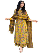 ANNI DESIGNER Womens Rayon Blend Anarkali Printed Kurta with Pant & Dupatta (CIA YELLOW-VKS01_3XL_Yellow_XXX-Large)