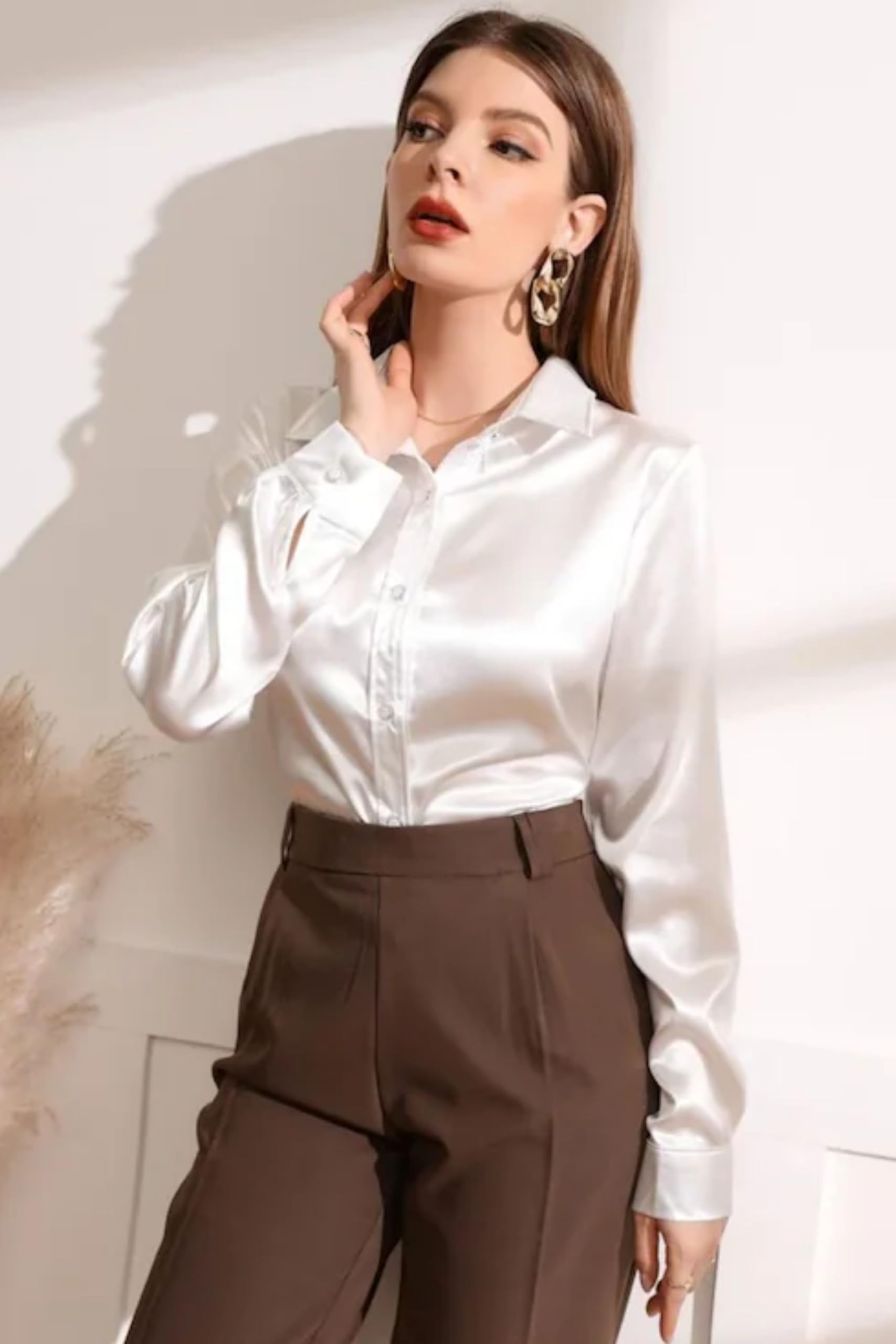 POPWINGS Solid Satin Shirt for Women