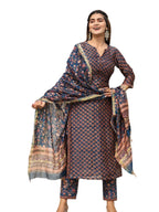 Dhruvi Trendz Women Cotton Blend Fancy Kurta Set Regular Fit Printed (Dt-K2706&P128&D83_Blue_S)