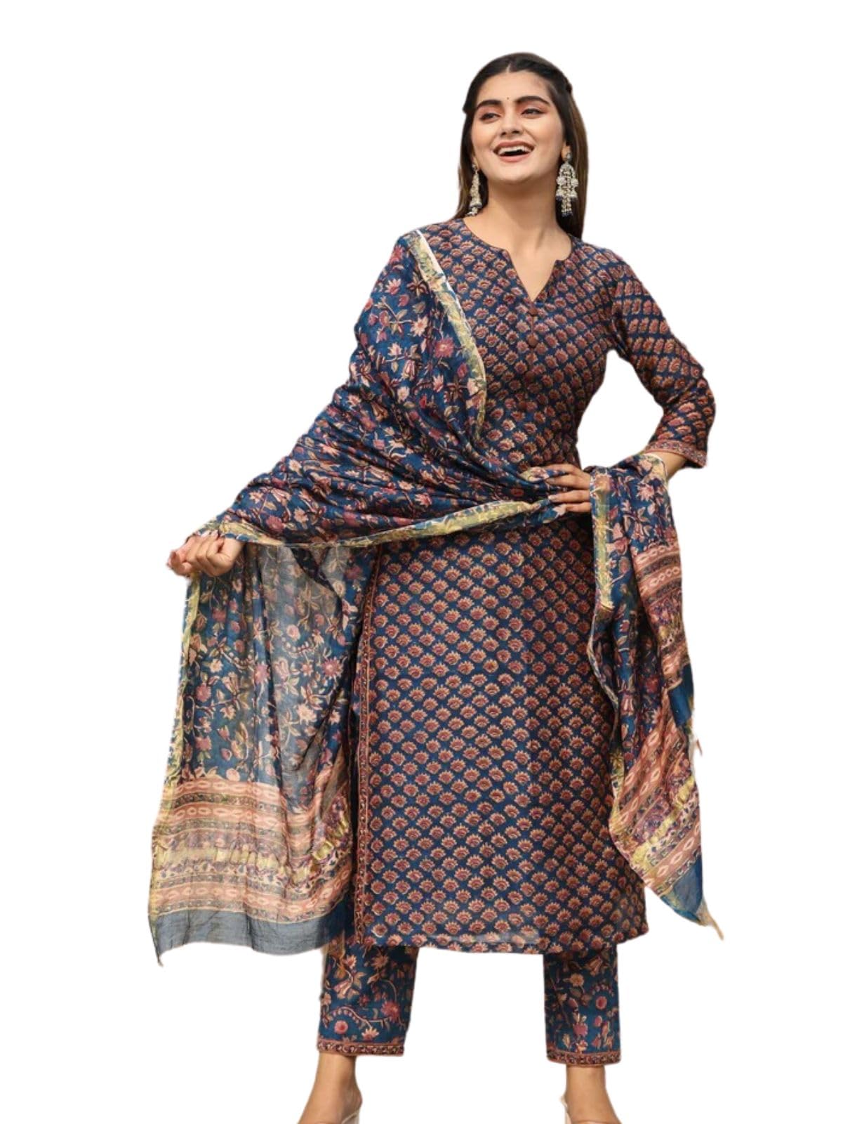 Dhruvi Trendz Women Cotton Blend Fancy Kurta Set Regular Fit Printed (Dt-K2706&P128&D83_Blue_S)