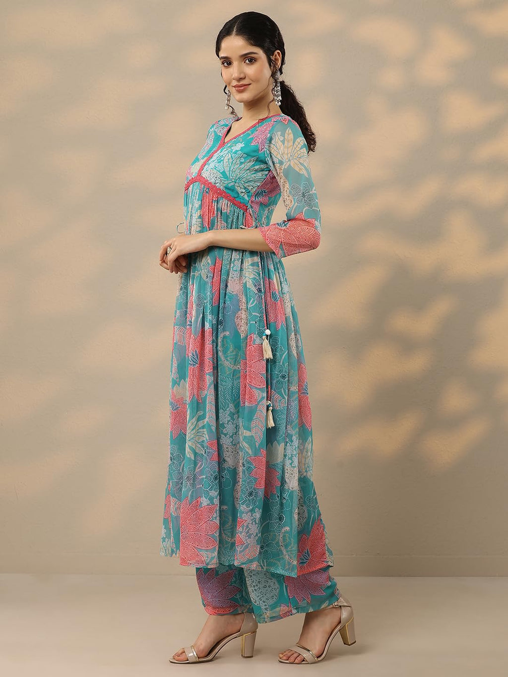 Libas Womens Printed Chiffon A-Line Kurta With Palazzos And Dupatta