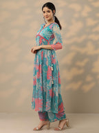 Libas Womens Printed Chiffon A-Line Kurta With Palazzos And Dupatta