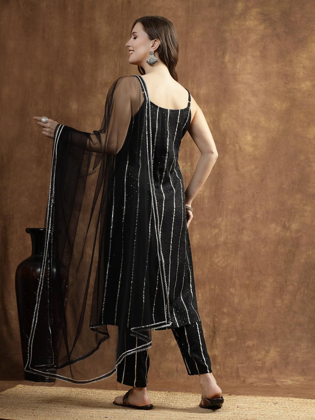 Stylum Women'S Embroidered & Embellished Rayon Straight Kurta Pant Dupatta Set (Kpdblackgota42_Black, Xl)