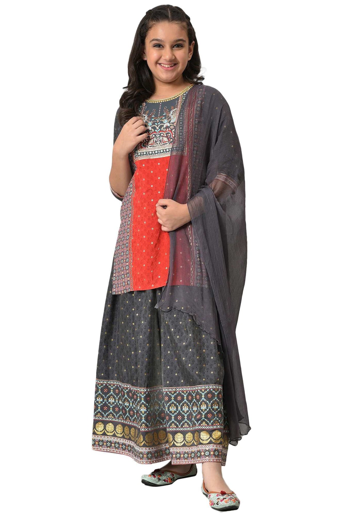 Aurelia Girls Viscose Kurta-Flared Skirt-Dupatta (22AUG10216B-503997_Red