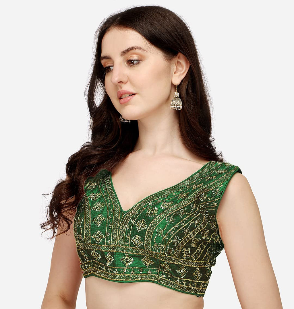 Pujia Mills Womens Silk Embroidery Sleeveless Sequins Zari Work Readymade Saree Blouse
