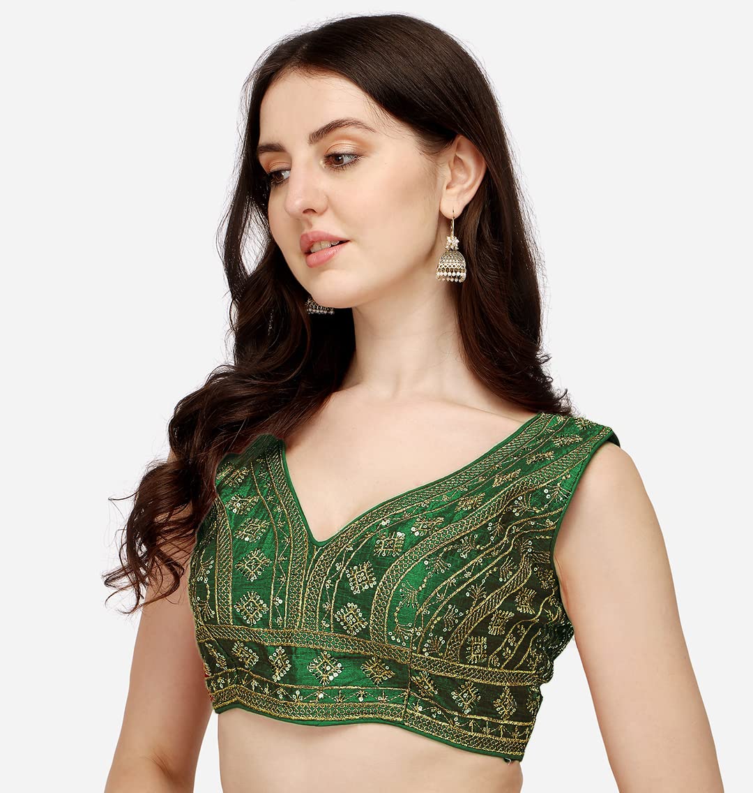 Pujia Mills Womens Silk Embroidery Sleeveless Sequins Zari Work Readymade Saree Blouse