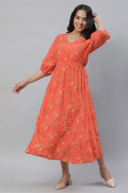 Aurelia Orange Floral Printed Midi Dress For Women