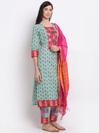 Anni Designer Women'S Cotton Straight Kurta With Pant & Dupatta (Dona Sea Green)