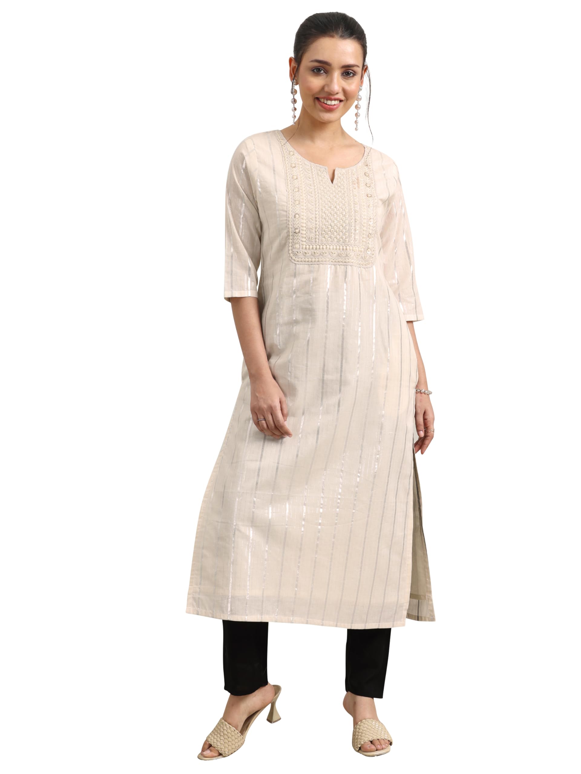 Libas Womens Embellished Cotton Straight Kurta For Women Off White