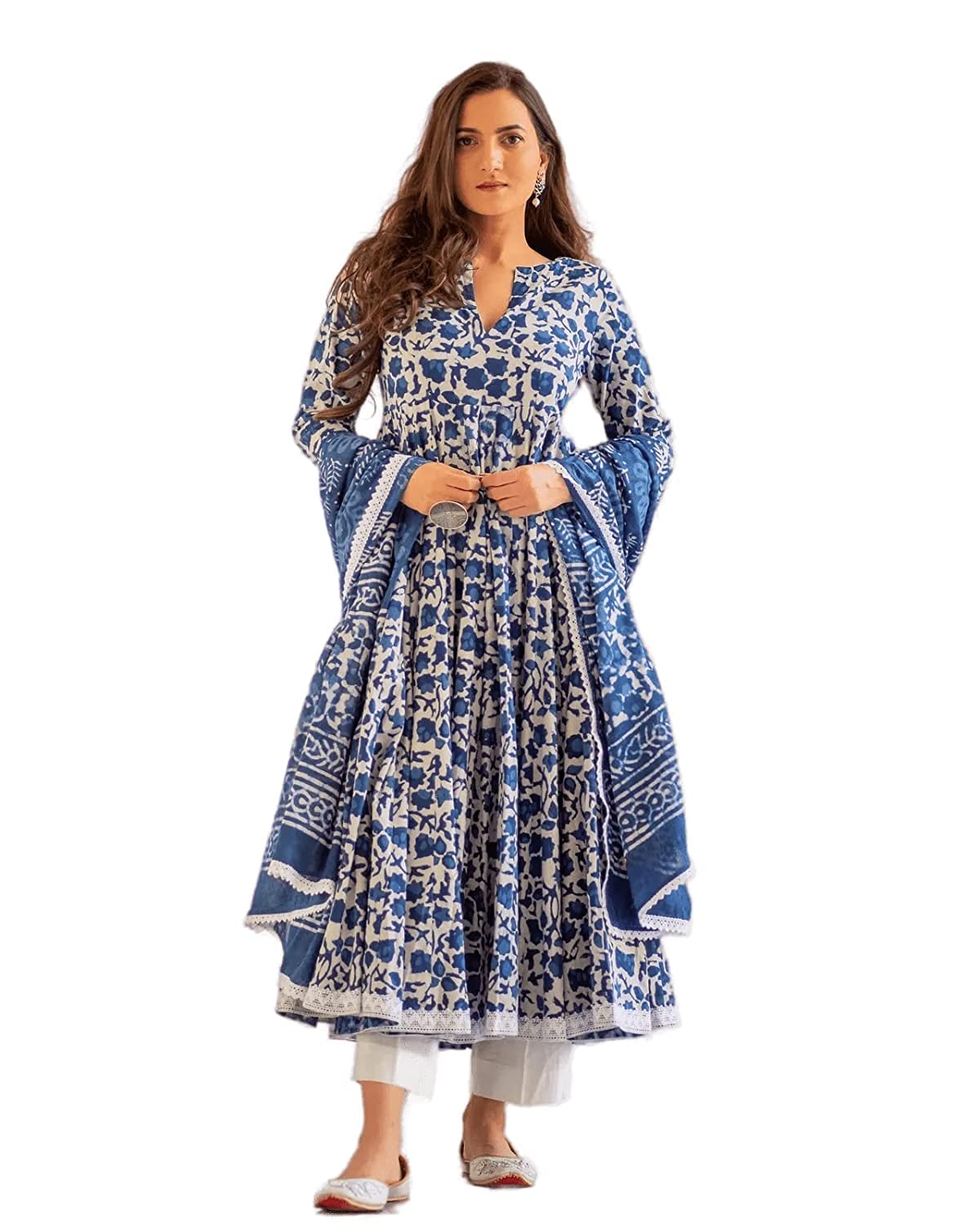 Meera Fab Women Plus Size Printed Pure Cotton Anarkali Kurta With Palazzos & Dupatta Blue 6