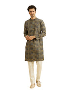 Manyavar Mens Cotton Digital Print Long Kurta (Olive Green,M)