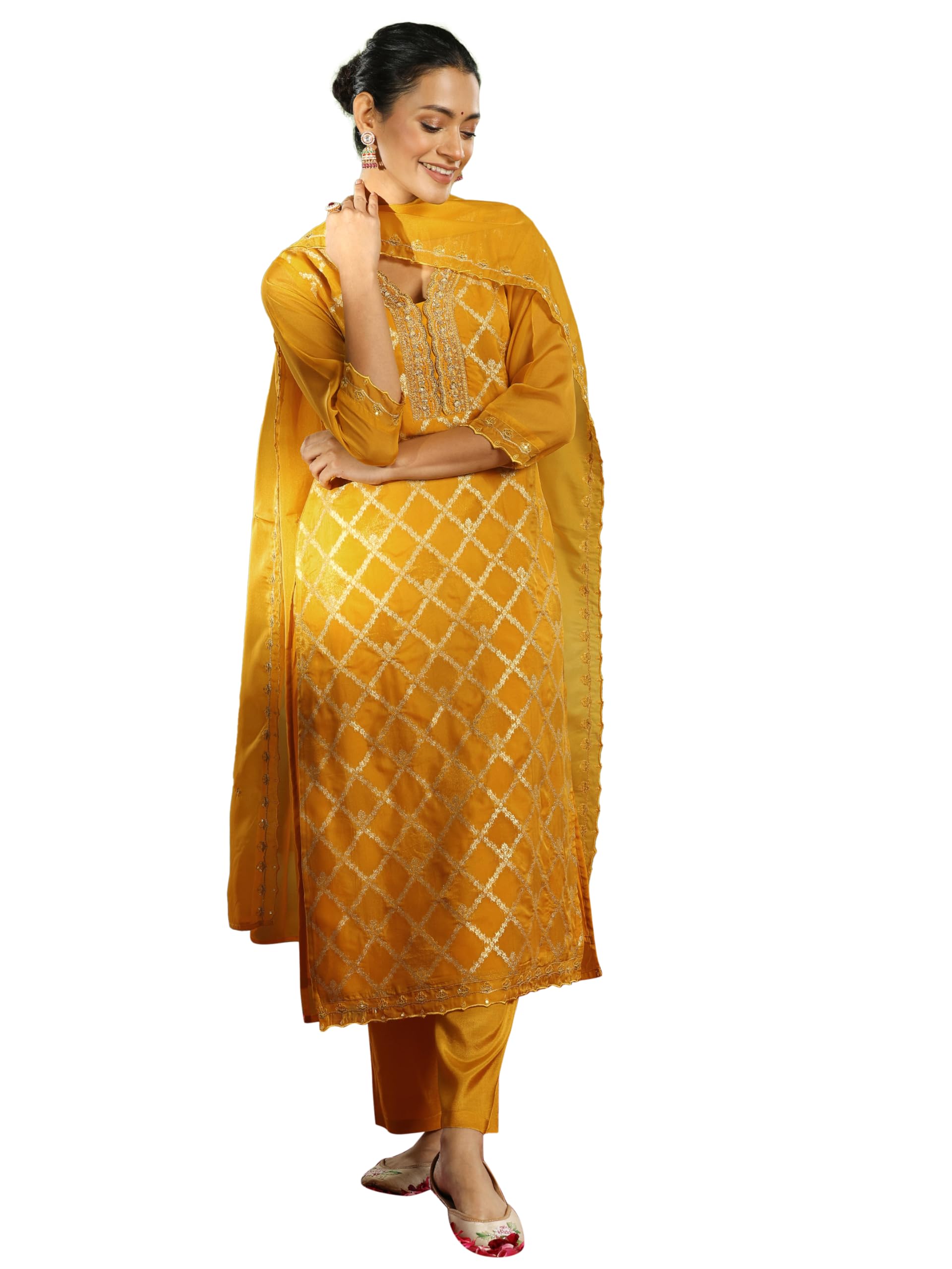Libas Womens Woven Design Organza Straight Kurta With Trousers And Dupatta
